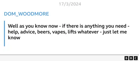 A message police found on Lipscombe's Snapchat, under the profile name Dom reads: Well as you know now - if there is anything you need - help, advice, beers, vapes, lifts whatever - just let me know