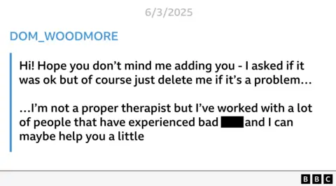 A message police found on Lipscombe's Snapchat, under the profile name Dom reads: Hi! Hope you don't mind me adding you - I asked if it was ok but of course just delete me if it's a problem... I'm not a proper therapist but I've worked with a lot of people that have experienced bad [expletive] and I can maybe help you a little