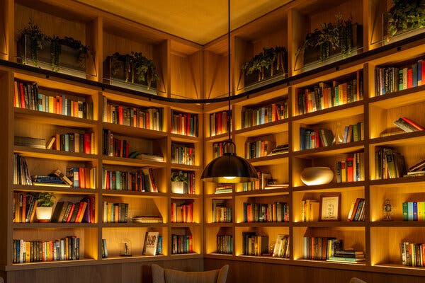 Books and plants fill the corner shelves of an oak-colored room.