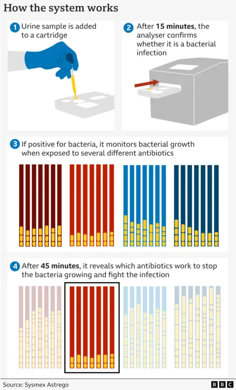  Infographic showing how the system works: 1 - Urine sample is added to a cartridge. 2 - After 15 minutes, the analyser confirms whether it is a bacterial infection. 3 - If positive for bacteria, it monitors bacterial growth when exposed to several different antibiotics. 4 - After 45 minutes, it reveals which antibiotics work to stop the bacteria growing and fight the infection.