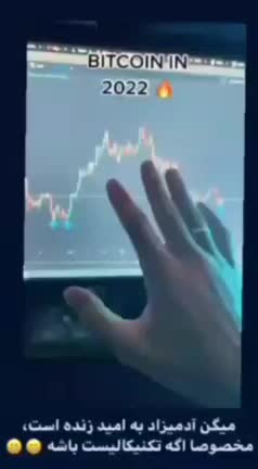 A blurry video of a computer screen shows a hand gesturing toward an image of the price of Bitcoin in 2022 as it rose and fell in value.