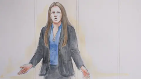 Helen Tipper A courtroom sketch showing Letby, with long, fair hair, wearing a dark suit and a blue top, with her palms outstretched and a pleading look on her face