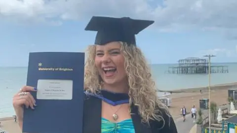 Imogen Turnbow A girl with blonde curly hair winks at the camera holding her graduation certificate and wearing black robes and a hat