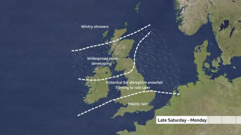 Map showing snowfall path across the UK from Saturday to Monday