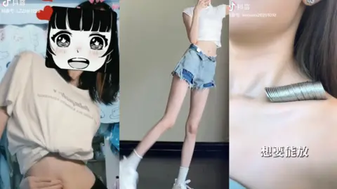 TikTok Three images of women on social media show various toxic beauty standards. On the left a woman reaches her hand behind her back and touches her tummy button. In the middle image a woman dressed in tiny shorts and a crop-top looks very thin. In the third image, a woman stacks dozens of coins in a gap in her collar bone