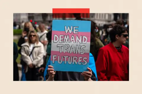 Getty Images An activist takes part in a protest with a sign which reads 'we demand trans futures'