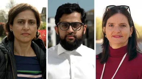 BBC Composite image showing photos of three people: Dr Gurpreet Khaira, a woman with dark hair wearing a black gilet and stood in front of a row of houses; Dr Abdul Farooq, a man with a beard, dark hair and glasses; Dr Susi Caesar, a woman with dark hair, pink lipstick and a pink jumper
