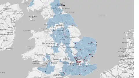 LAMPARD INQUIRY A map of inpatient units where Essex patients were sent from 2000 to 2023. It shows 215 dots on a map. People were sent from Newcastle to Southampton. Many of the dots are in London