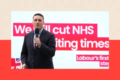 Getty Wes Streeting speaking in front of a sign about cutting waiting times