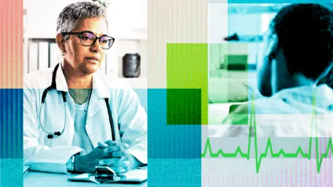 BBC A creative image showing a female GP in glasses and a white coat sat at a table, talking to a patient, the back of whose head we can see. The image features blocks of blue and green as well as a heart-rate chart