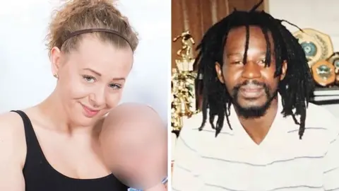 Family pictures Philippa Day on left, smiling at camera with hair up, holding baby. Errol Graham on right, also smiling, wearing white V-necked top. 