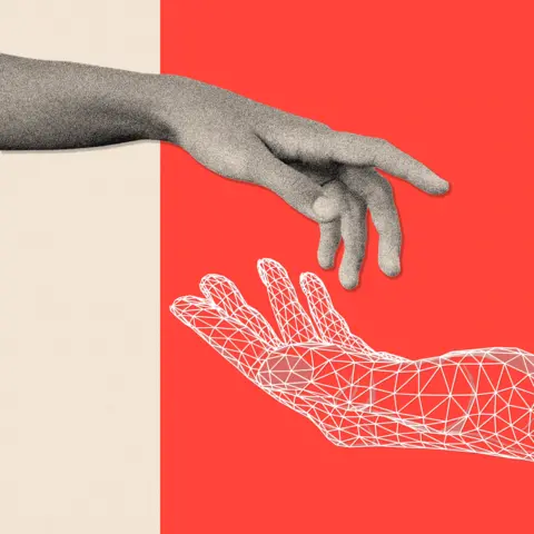 BBC A treated image showing two hands; at the top is a human hand, and below is a robotic/digital looking hand