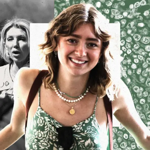 BBC/Getty Images A composite image showing with Paloma Shemirani in the centre, a young woman with a big, bright smile and fair curly hair tumbling to her shoulders, wearing a strappy floral top in green and white and several necklaces. In the background is an image of her mother, Kate Shemirani, at a Covid-19 protest and an image of non-Hodgkin lymphoma cells under the microscope.