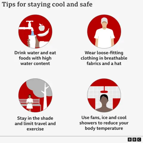 Graphic showing some tips for staying cool, including: keeping hydrated; wearing loose-fitting clothing in breathable fabrics and a hat; staying in the shade; limiting travel and exercise; using fans, ice and cool showers to reduce body temperature.