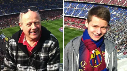 Brian Innes Brian is in a check jacket and has sunglasses on his head. His son, Kieran, is wearing a football scarf and grey top. They both have the inside of the football stadium in the background.