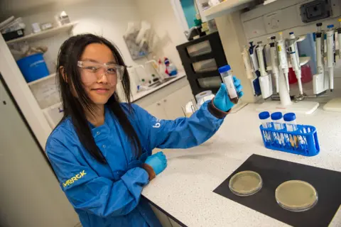 Scientist, Michelle Lin, in blue lab coat lifting a vial in a laboratory with petri dishes in front of her
