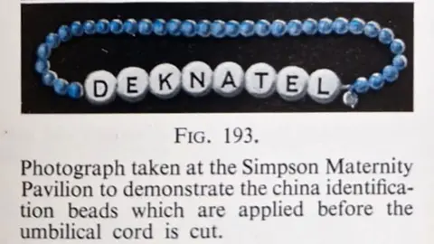 Textbook for Midwives, 1956 A scan of a midwifery textbook from 1956 shows an image of white china 'identification beads', which spell out a baby's name, attached to a blue bracelet.