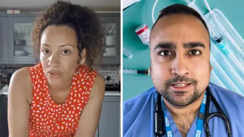 doctally/midwifemarley/TikTok A woman and a man in a split composite image showing TikTok influencers, the woman in a red spotty dress and the man in blue NHS uniform.