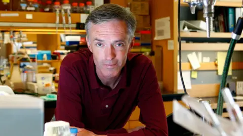 MIT Prof Collins is leading on his laboratory bench, wearing a burgundy shirt, with an array of pieces of scientific equipment out of focus in the background.