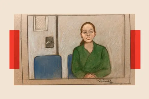 Julia Quenzler / BBC Court portrait of Lucy Letby looking serious and wearing green