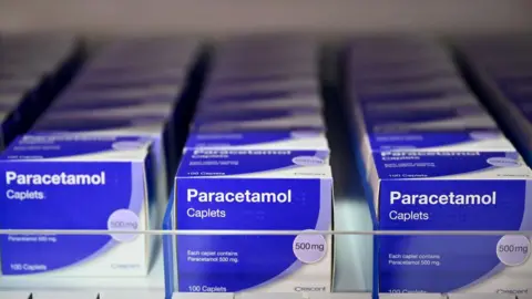 Getty Images Boxes of blue paracetamol packaging on a shelf.