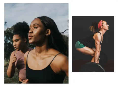 Two women running side by side and a separate pic of  a woman lifting weight in a gym