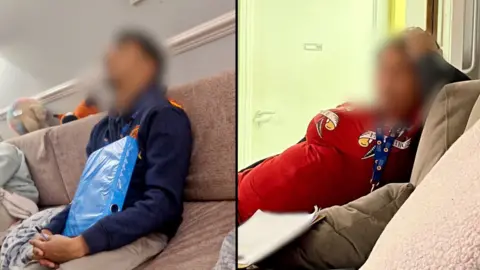 Supplied Two photos side by side separated by a black line. The photo on the left shows a person sitting on a sofa seemingly asleep. They are wearing light coloured trousers and a blue jumper. They have a blue A4 binder resting on their chest. Their face is blurred. The right hand image shows a person lying on a sofa seemingly asleep. They have a red top and a blue lanyard around their neck. Their face is blurred. 