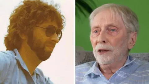 Kate Gilmore/BBC Morning Live Dave as a younger man with a brown beard, donning aviators, alongside a picture of him today as a 78-year-old with white hair.